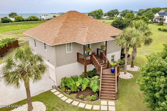 exterior space featuring a water view