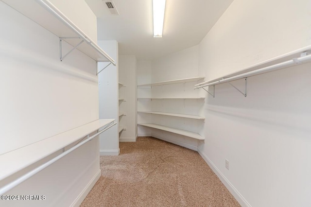 spacious closet featuring light colored carpet and visible vents