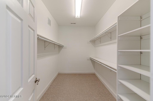 spacious closet featuring light colored carpet and visible vents