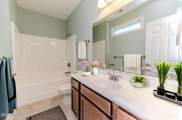 full bathroom with toilet, tub / shower combination, vanity, and tile patterned floors