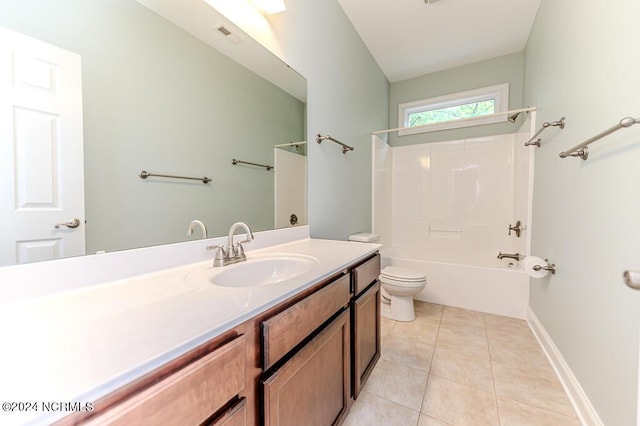 bathroom featuring baseboards, toilet, tile patterned floors, tub / shower combination, and vanity