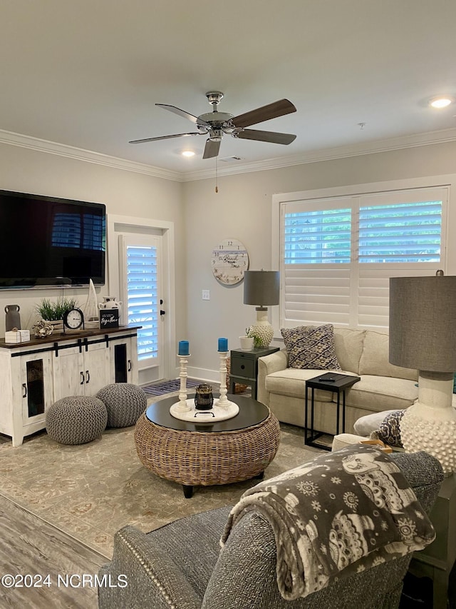 living room with ornamental molding and a wealth of natural light