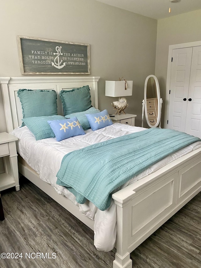 bedroom with dark hardwood / wood-style flooring and a closet