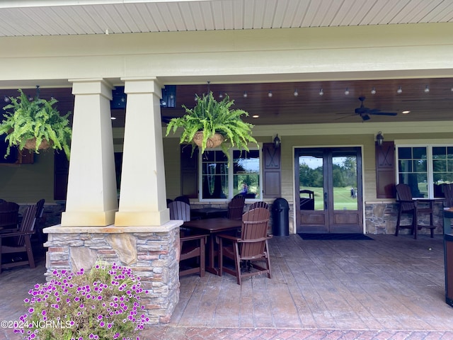 view of patio / terrace with french doors and ceiling fan