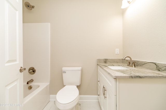 full bathroom with washtub / shower combination, vanity, and toilet