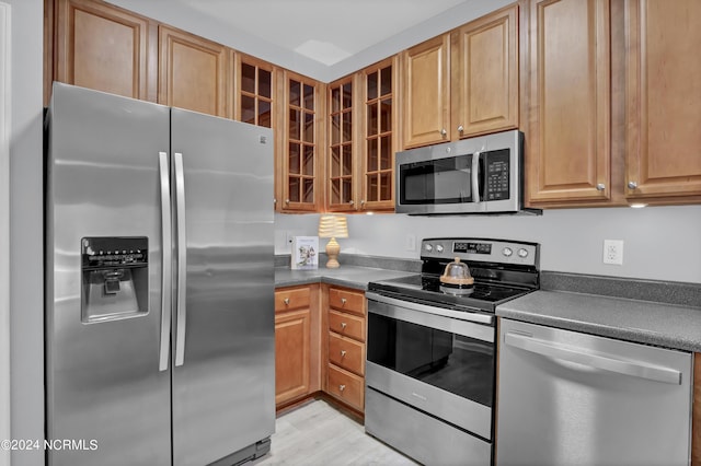 kitchen with stainless steel appliances and light hardwood / wood-style floors