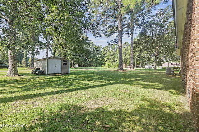 view of yard featuring cooling unit and a storage unit