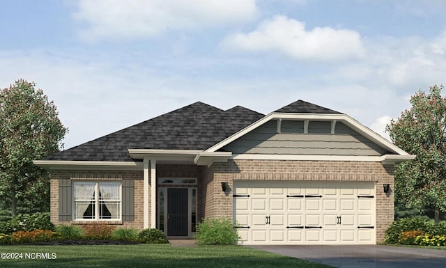 view of front facade featuring a garage, driveway, and brick siding