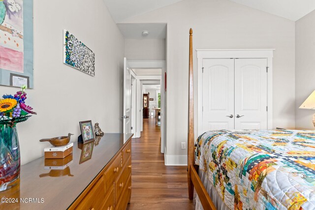 bedroom with a closet, lofted ceiling, and dark wood-type flooring