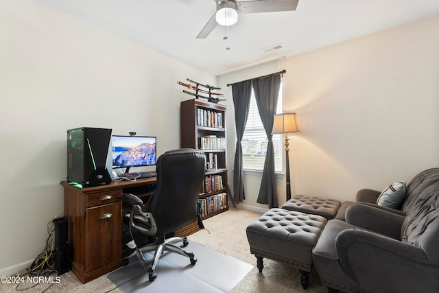 office featuring light colored carpet and ceiling fan