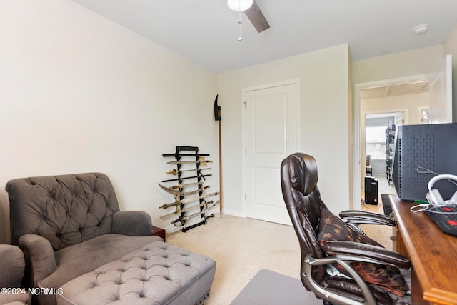 office with carpet flooring and ceiling fan