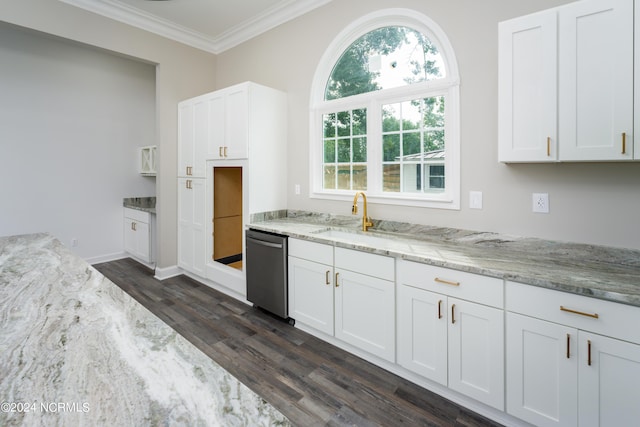 kitchen featuring dishwasher, ornamental molding, white cabinets, and light stone counters