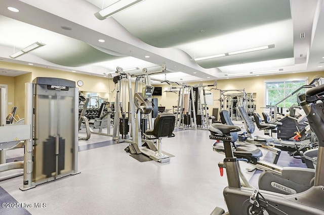 exercise room with a raised ceiling