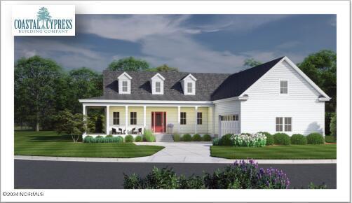 view of front of house with driveway, covered porch, and a front yard