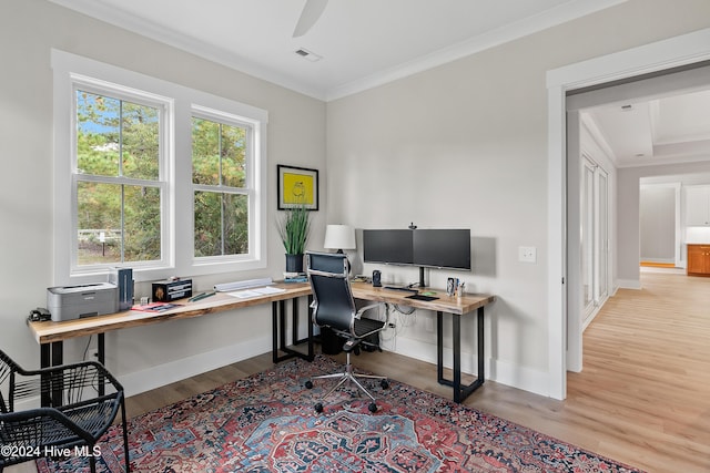 office featuring ceiling fan, wood finished floors, visible vents, baseboards, and ornamental molding