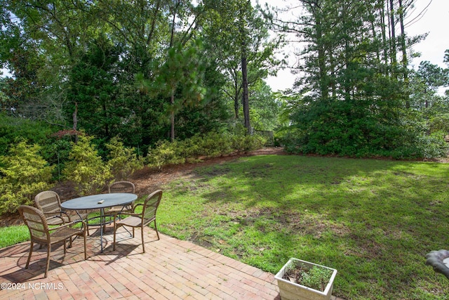 view of yard featuring a patio and outdoor dining space