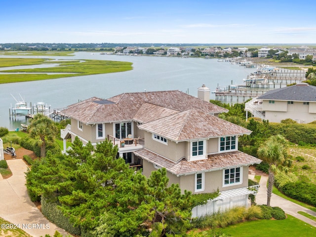 aerial view featuring a water view