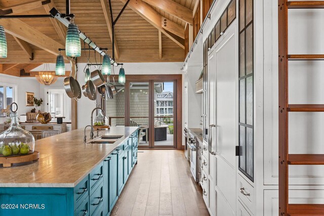 kitchen with wood ceiling, light hardwood / wood-style floors, beamed ceiling, and blue cabinetry