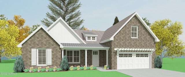 view of front of property with driveway, a front lawn, a standing seam roof, and brick siding