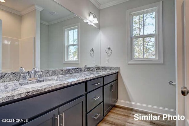 bathroom featuring plenty of natural light, a sink, and crown molding