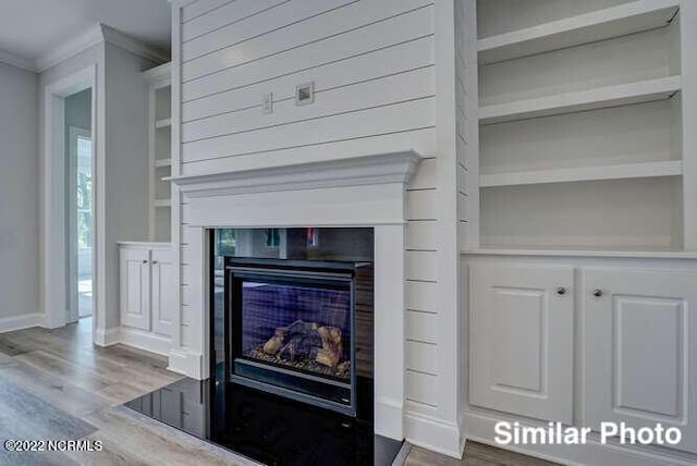 details featuring a fireplace, wood finished floors, built in features, and crown molding