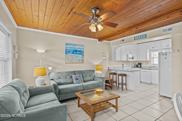 living room with crown molding, wooden ceiling, and light tile patterned flooring