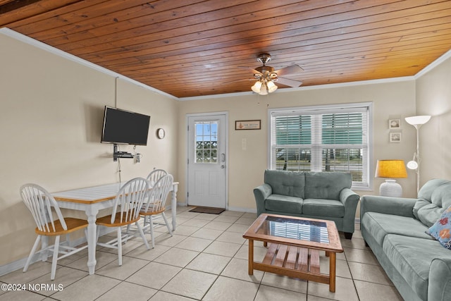 living room with ornamental molding, light tile patterned flooring, and wood ceiling