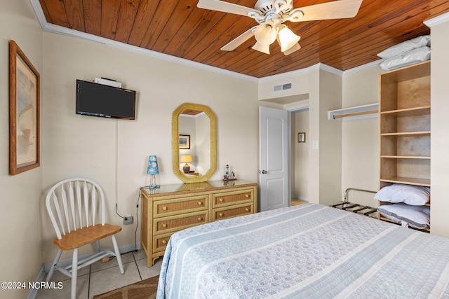 tiled bedroom featuring ornamental molding, wooden ceiling, and ceiling fan