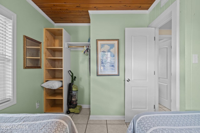 tiled bedroom with crown molding, wooden ceiling, and multiple windows