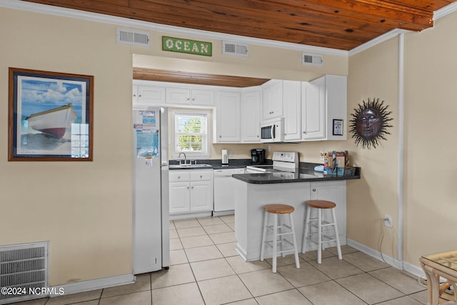 kitchen with a breakfast bar area, white appliances, kitchen peninsula, white cabinetry, and wooden ceiling