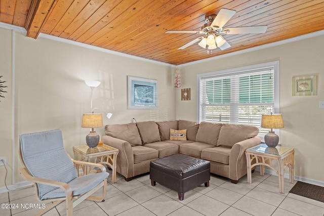 living room with wood ceiling, crown molding, light tile patterned flooring, and ceiling fan