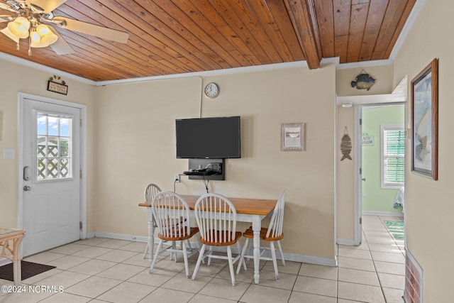 tiled dining room with wood ceiling, ceiling fan, and ornamental molding