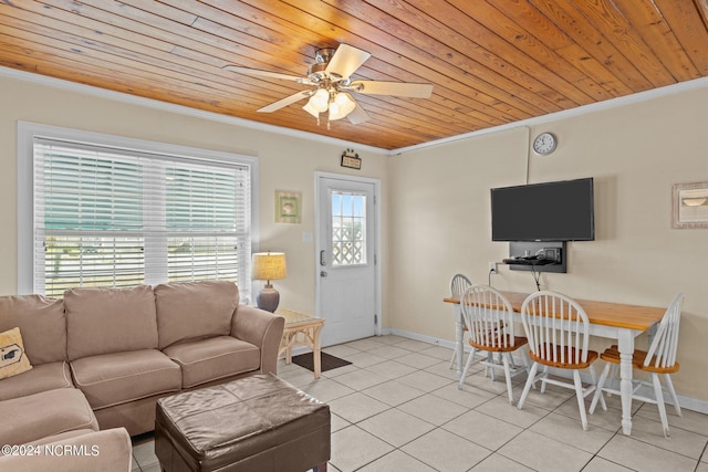 living room with crown molding, ceiling fan, wood ceiling, and light tile patterned flooring