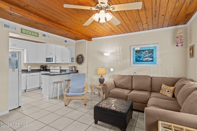 tiled living room with crown molding, ceiling fan, and wood ceiling