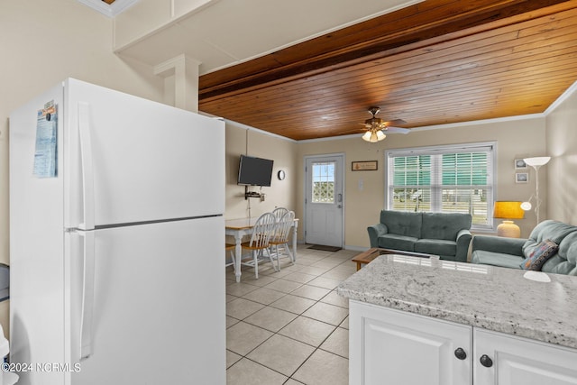 kitchen featuring white refrigerator, wood ceiling, light stone countertops, white cabinetry, and ceiling fan