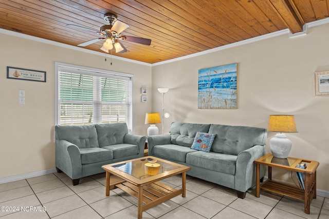 living room featuring light tile patterned flooring, wooden ceiling, crown molding, and ceiling fan