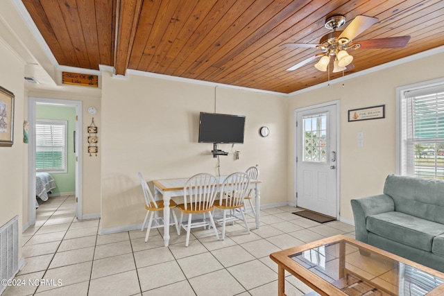 tiled dining room with ornamental molding, a wealth of natural light, wooden ceiling, and ceiling fan