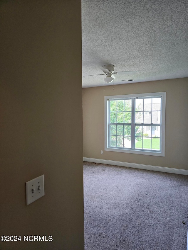 carpeted empty room with a textured ceiling, a wealth of natural light, and ceiling fan