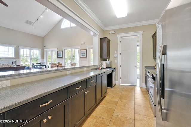 kitchen with lofted ceiling, light tile patterned floors, ornamental molding, dark brown cabinets, and stainless steel appliances