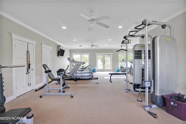 exercise room with ceiling fan, french doors, light colored carpet, and ornamental molding