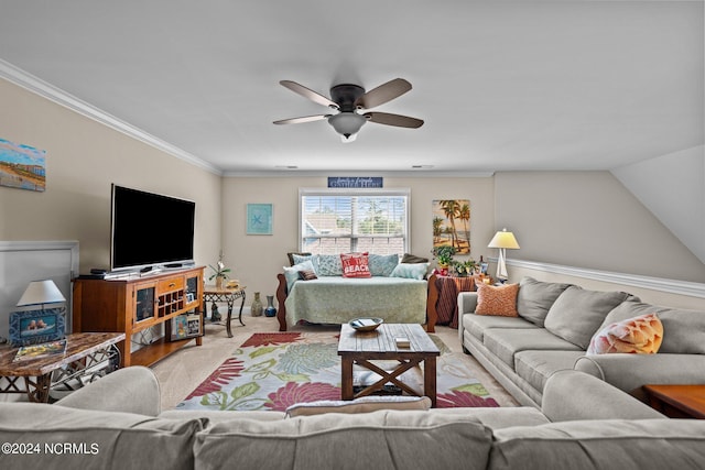 living room with light wood-type flooring, vaulted ceiling, ceiling fan, and ornamental molding