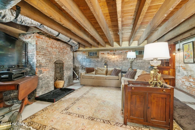 basement featuring brick wall and wooden ceiling