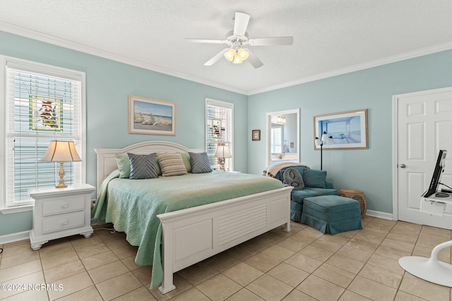 tiled bedroom featuring multiple windows, ornamental molding, and a textured ceiling