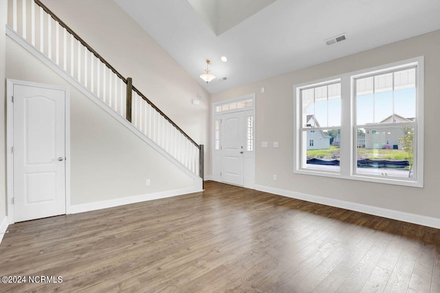 foyer with lofted ceiling and wood-type flooring