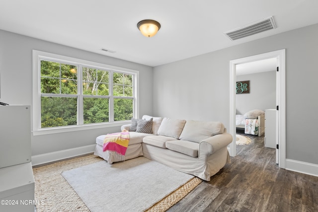 living room featuring dark wood-type flooring