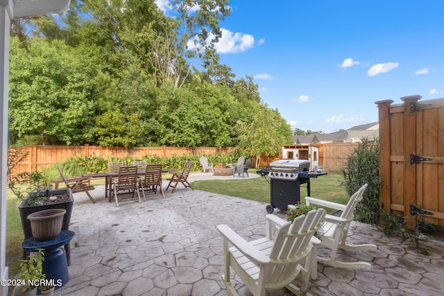 view of patio / terrace with a fire pit and grilling area