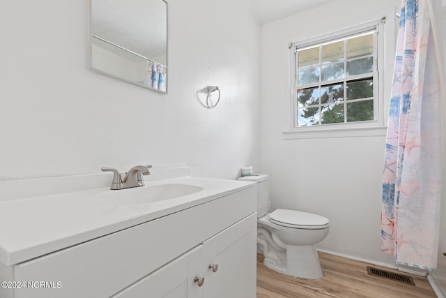 bathroom featuring vanity, hardwood / wood-style flooring, and toilet