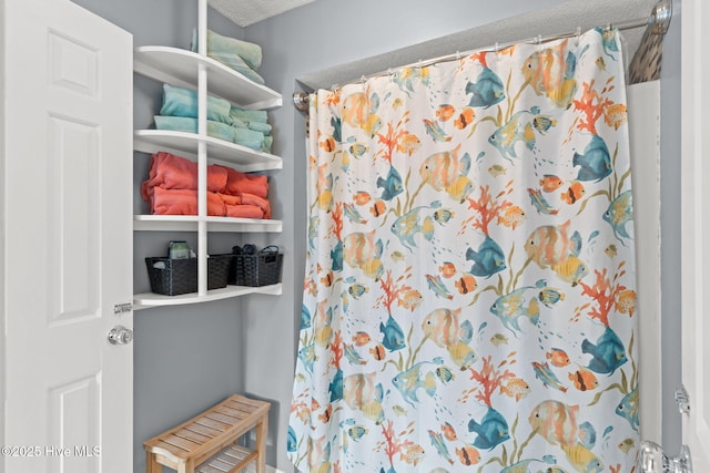 bathroom with curtained shower