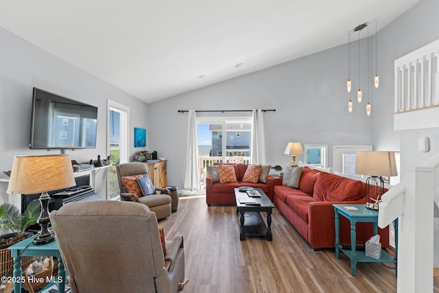 living room with vaulted ceiling and wood finished floors