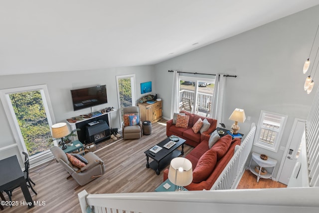 living area with lofted ceiling and wood finished floors